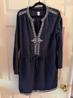 GAP Navy Long-Sleeve Embroidered Drawstring Dress